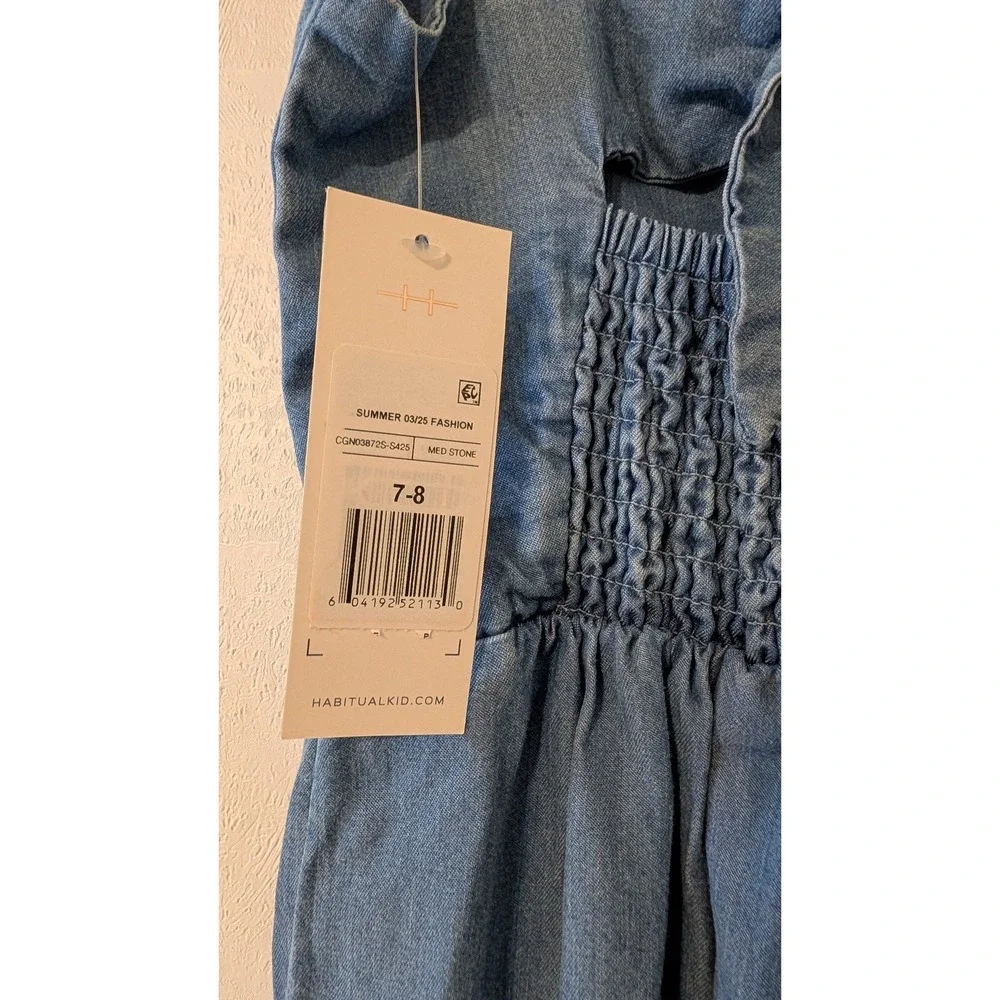 Habitual Kid Girls Denim Jumpsuit‎ Medium Stone Blue Wide Leg Tie Back Size 7-8